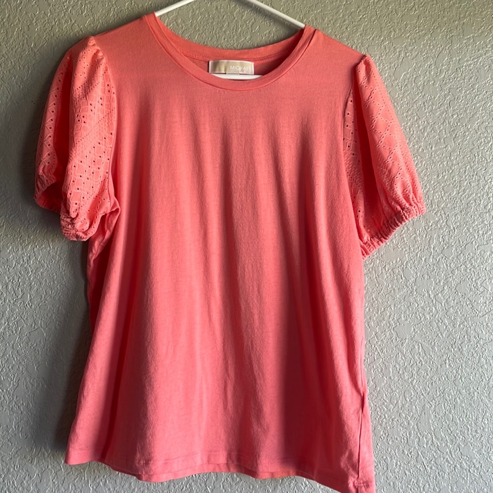 Michael Kors lace puff sleeve coral blouse